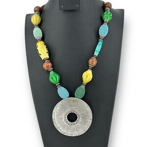 Robert Rose Disc Metal Pendant Large Multi-Shape Beaded Necklace Signed